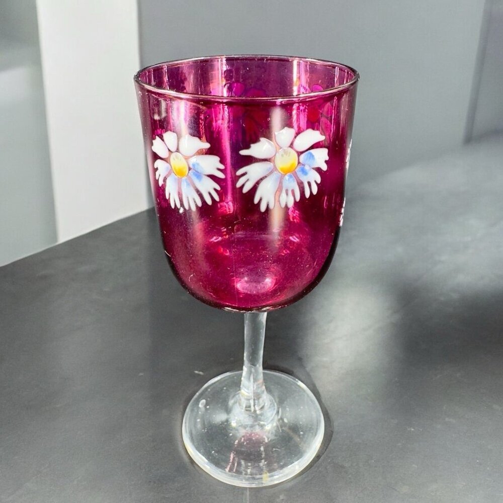 Antique Czech Cranberry Flash Glass Hand Painted Cup Single Floral Motifs c.1890